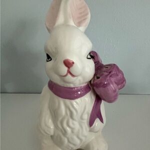 White Ceramic Easter Bunny with Purple Bow decoration Rabbit